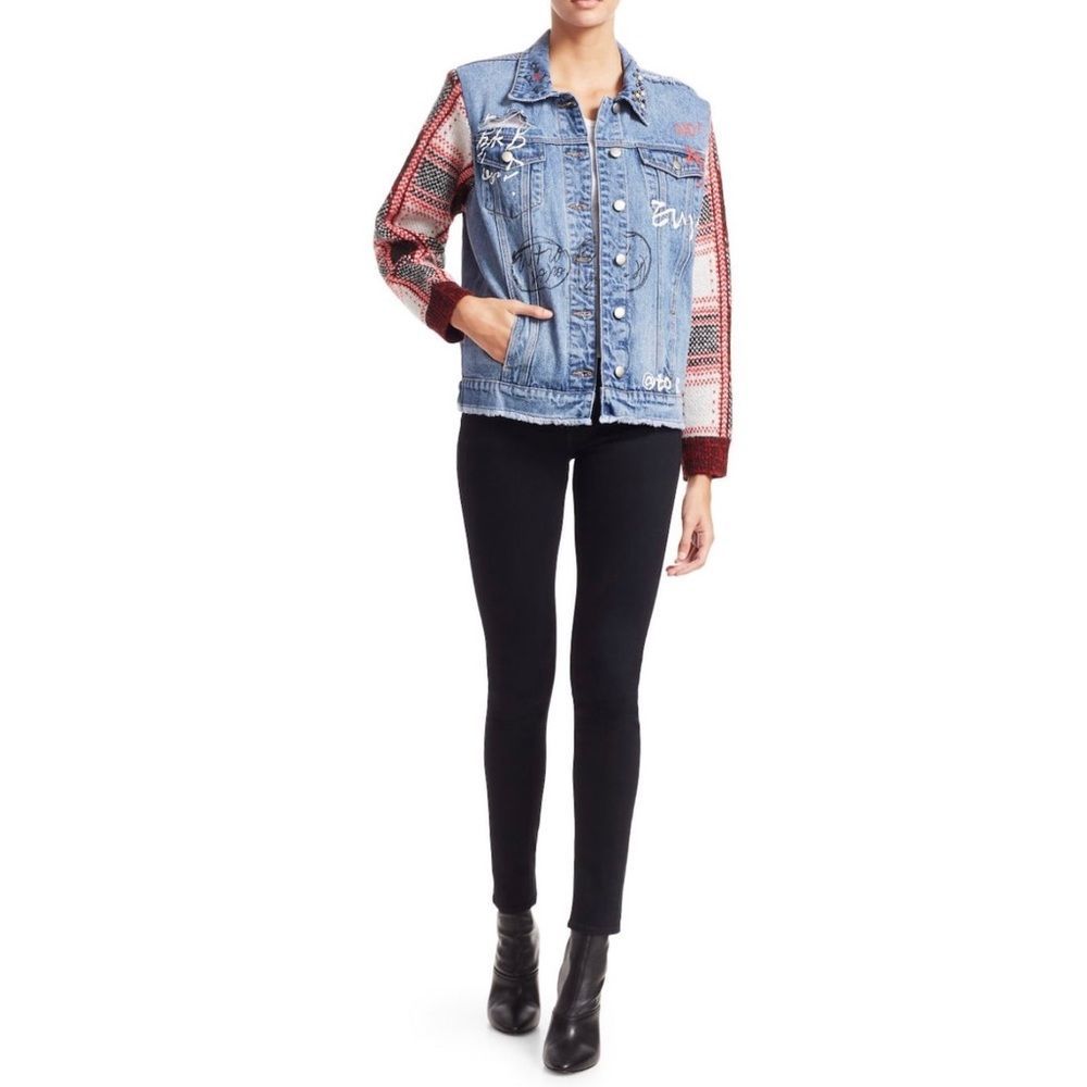 Scripted Distressed Plaid Denim Jacket Large NWT - Picture 2 of 8